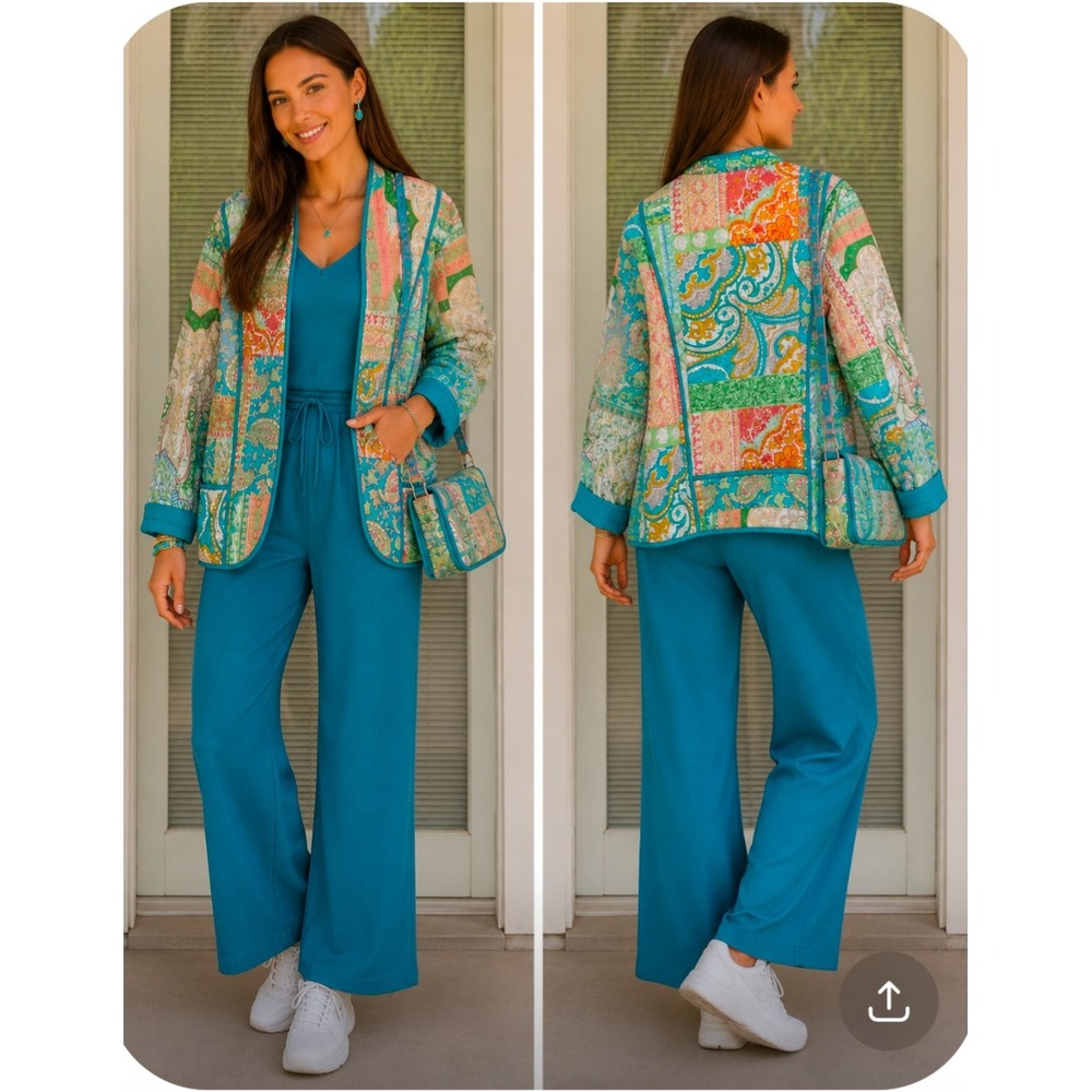 Sweet Generis Womens Quilted Patchwork Paisley Open Front Jacket Turquoise Large